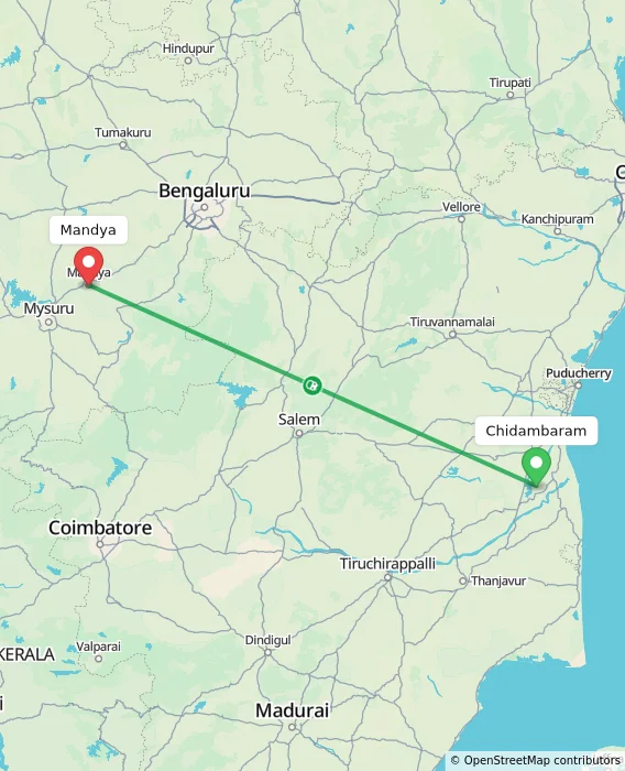 Route map showing distance and travel time from Chidambaram, India to Mandya, India