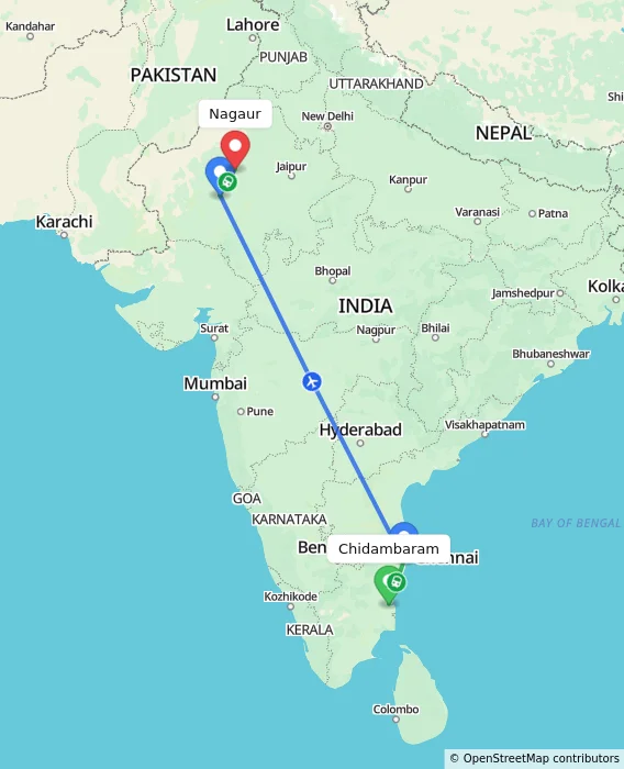 Route map showing distance and travel time from Chidambaram, India to Nagaur, India