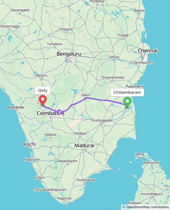 Route map showing distance and travel time from Chidambaram, India to Ooty, India