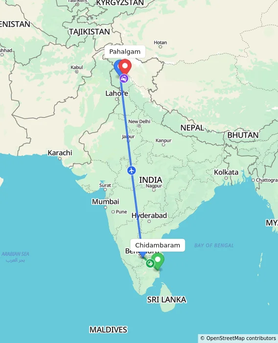 Route map showing distance and travel time from Chidambaram, India to Pahalgam, India