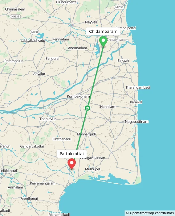 Route map showing distance and travel time from Chidambaram, India to Pattukkottai, India