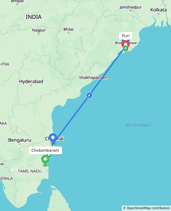Route map showing distance and travel time from Chidambaram, India to Puri, India