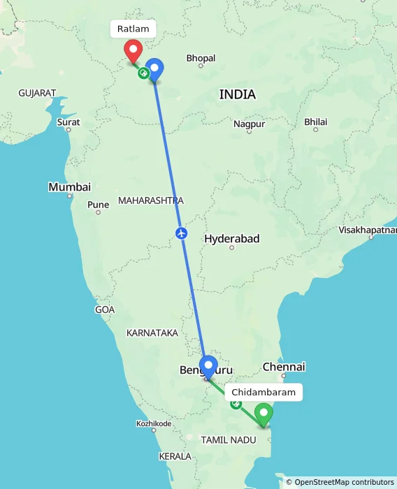 Route map showing distance and travel time from Chidambaram, India to Ratlam, India