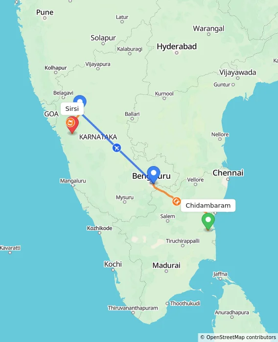 Route map showing distance and travel time from Chidambaram, India to Sirsi, India