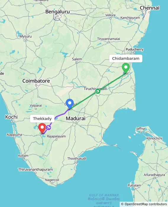 Route map showing distance and travel time from Chidambaram, India to Thekkady, India