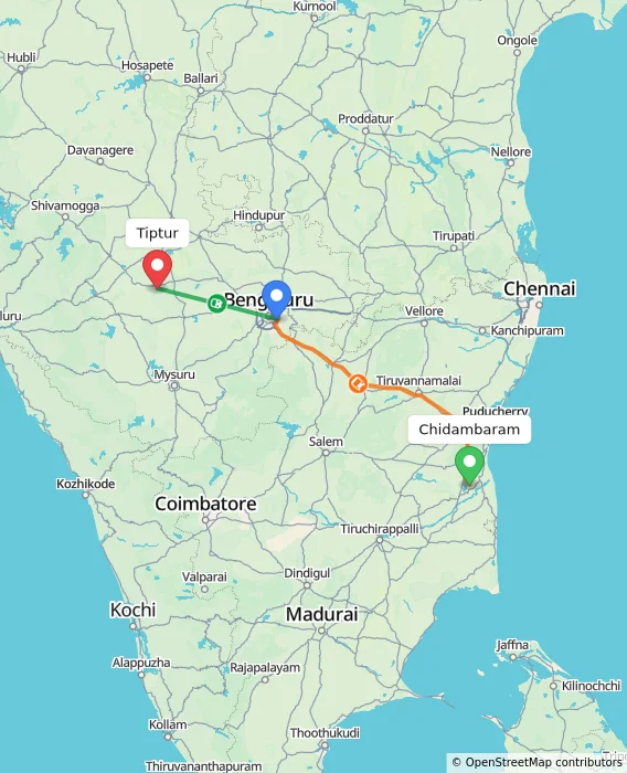 Route map showing distance and travel time from Chidambaram, India to Tiptur, India