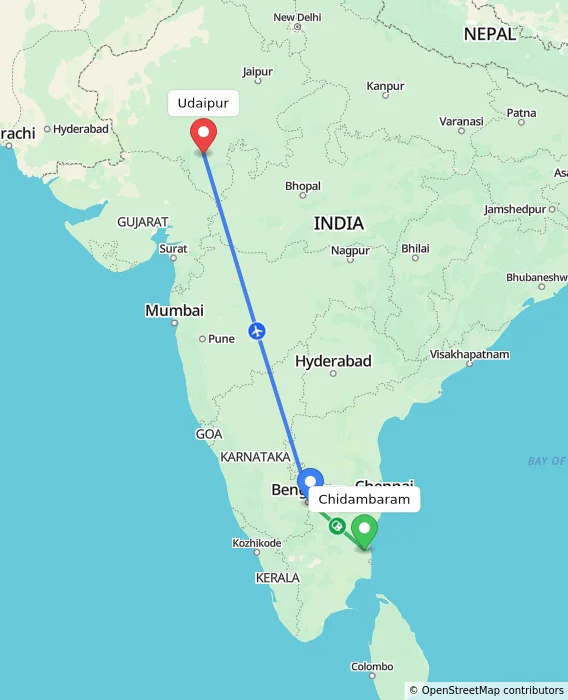 Route map showing distance and travel time from Chidambaram, India to Udaipur, India