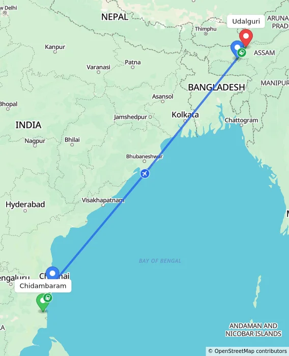 Route map showing distance and travel time from Chidambaram, India to Udalguri, India
