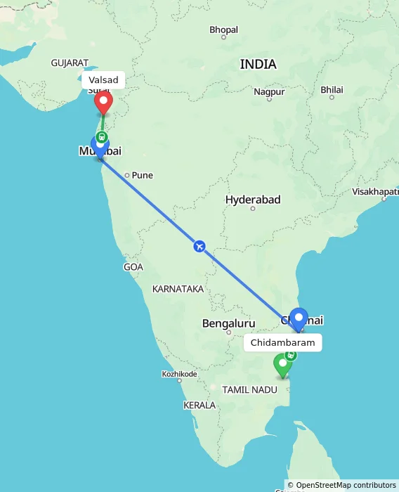 Route map showing distance and travel time from Chidambaram, India to Valsad, India