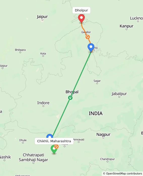 Route map showing distance and travel time from Chikhli, Maharashtra, India to Dholpur, India