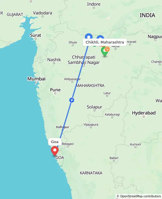Route map showing distance and travel time from Chikhli, Maharashtra, India to Goa, India