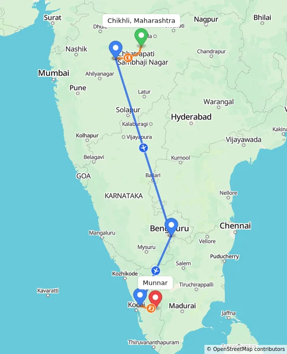 Route map showing distance and travel time from Chikhli, Maharashtra, India to Munnar, India