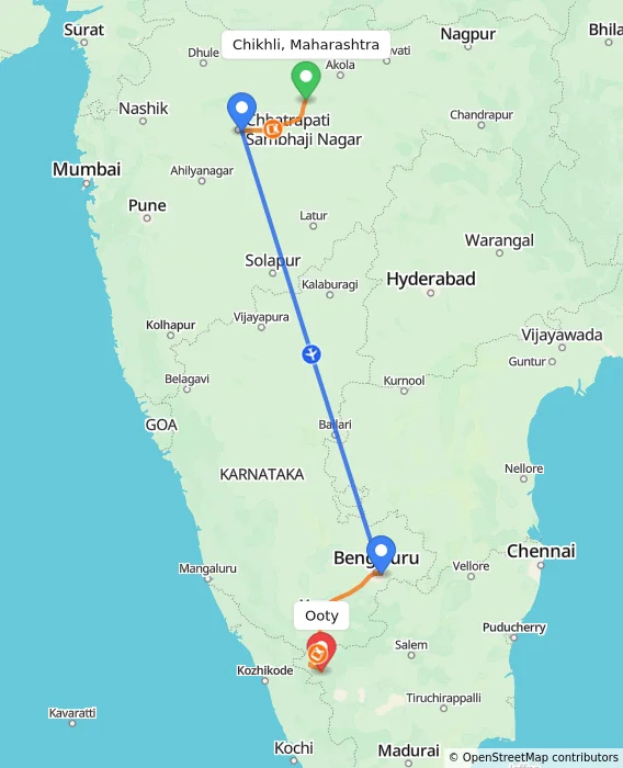 Route map showing distance and travel time from Chikhli, Maharashtra, India to Ooty, India