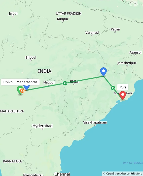 Route map showing distance and travel time from Chikhli, Maharashtra, India to Puri, India