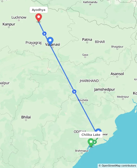 Route map showing distance and travel time from Chilika Lake, India to Ayodhya, India