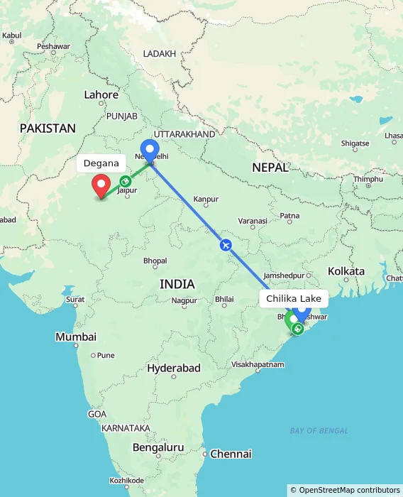 Route map showing distance and travel time from Chilika Lake, India to Degana, India