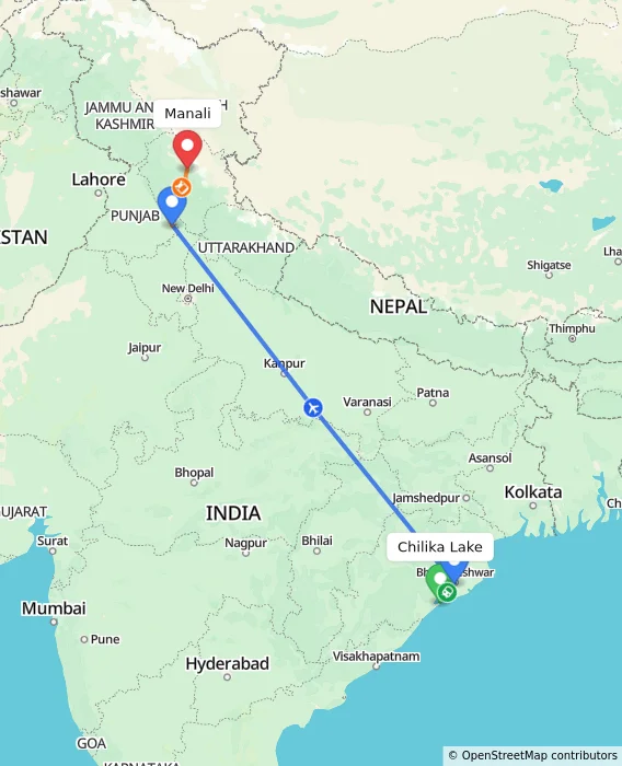 Route map showing distance and travel time from Chilika Lake, India to Manali, India