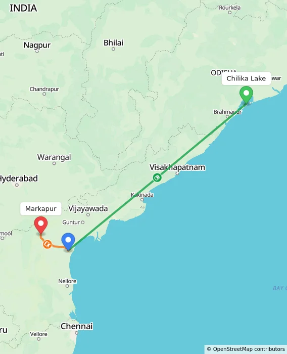 Route map showing distance and travel time from Chilika Lake, India to Markapur, India