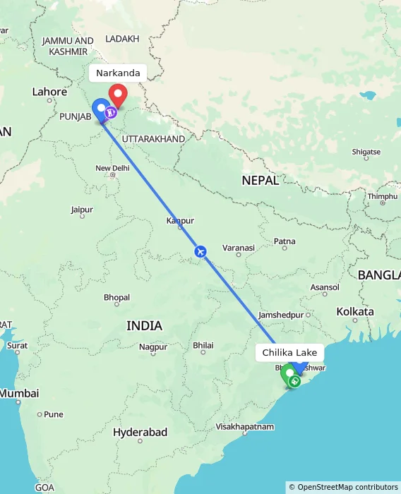 Route map showing distance and travel time from Chilika Lake, India to Narkanda, India