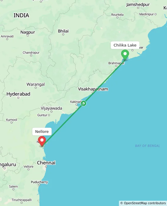 Route map showing distance and travel time from Chilika Lake, India to Nellore, India
