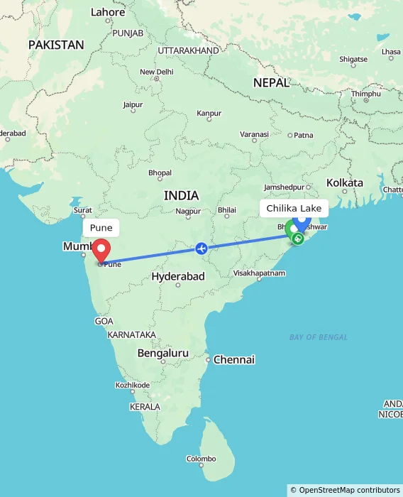Route map showing distance and travel time from Chilika Lake, India to Pune, India