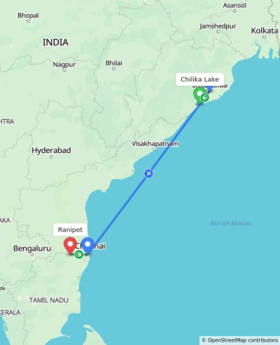Route map showing distance and travel time from Chilika Lake, India to Ranipet, India