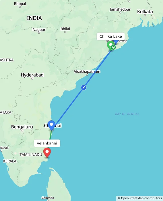 Route map showing distance and travel time from Chilika Lake, India to Velankanni, India