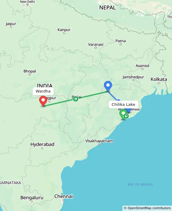 Route map showing distance and travel time from Chilika Lake, India to Wardha, India