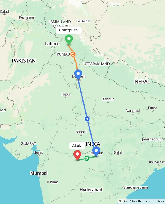 Route map showing distance and travel time from Chintpurni, India to Akola, India