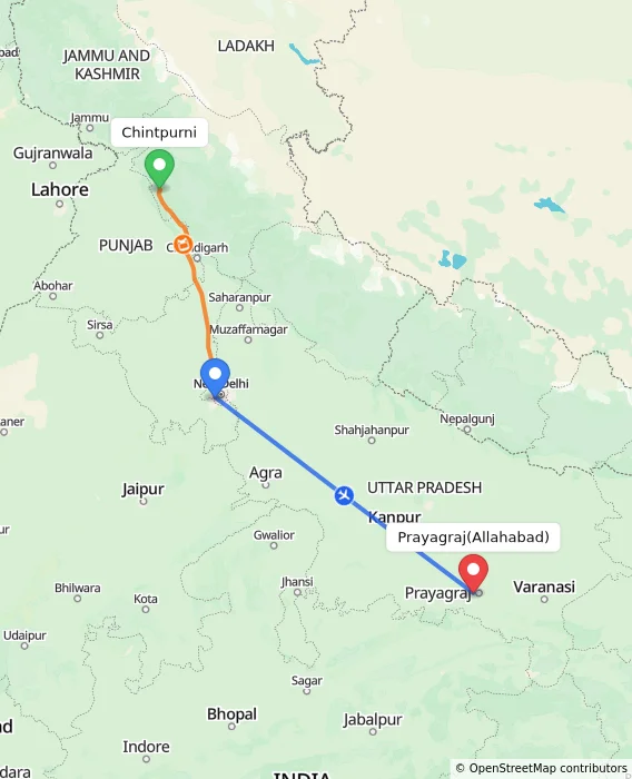 Route map showing distance and travel time from Chintpurni, India to Allahabad, India