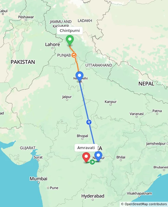 Route map showing distance and travel time from Chintpurni, India to Amravati, India