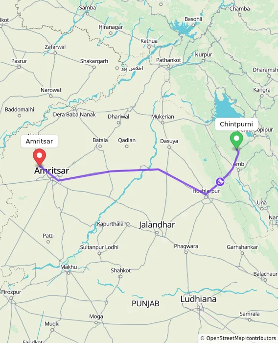 Route map showing distance and travel time from Chintpurni, India to Amritsar, India
