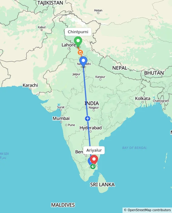 Route map showing distance and travel time from Chintpurni, India to Ariyalur, India