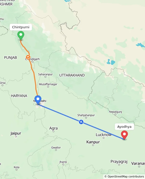 Route map showing distance and travel time from Chintpurni, India to Ayodhya, India