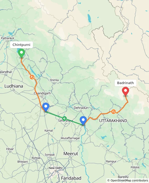 Route map showing distance and travel time from Chintpurni, India to Badrinath, India