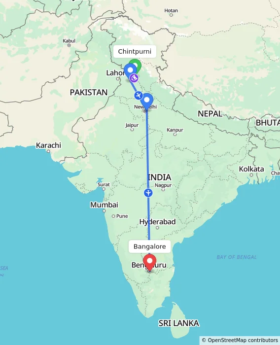 Route map showing distance and travel time from Chintpurni, India to Bangalore, India