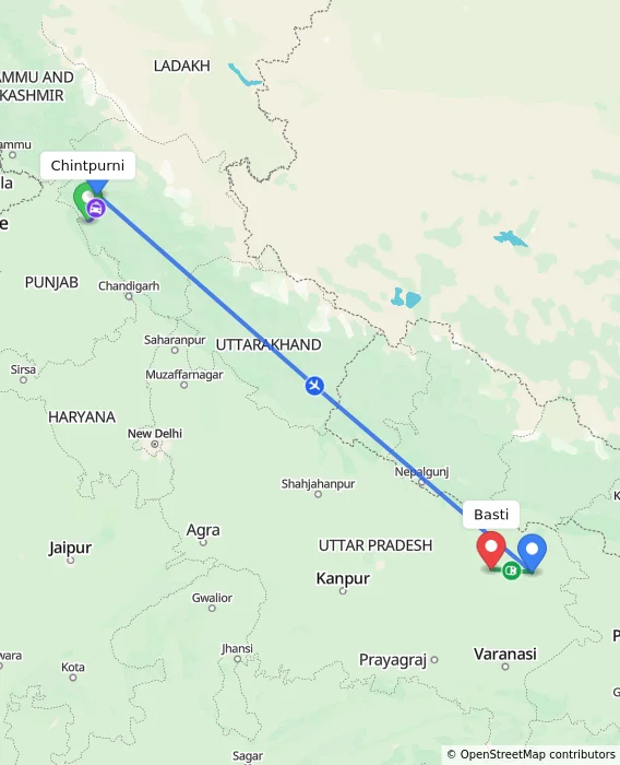 Route map showing distance and travel time from Chintpurni, India to Basti, India