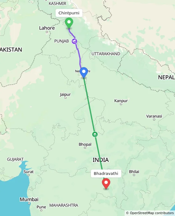Route map showing distance and travel time from Chintpurni, India to Bhadravathi, India