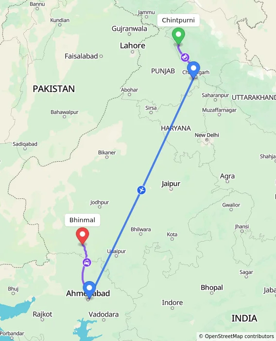 Route map showing distance and travel time from Chintpurni, India to Bhinmal, India