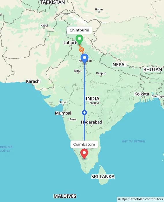 Route map showing distance and travel time from Chintpurni, India to Coimbatore, India