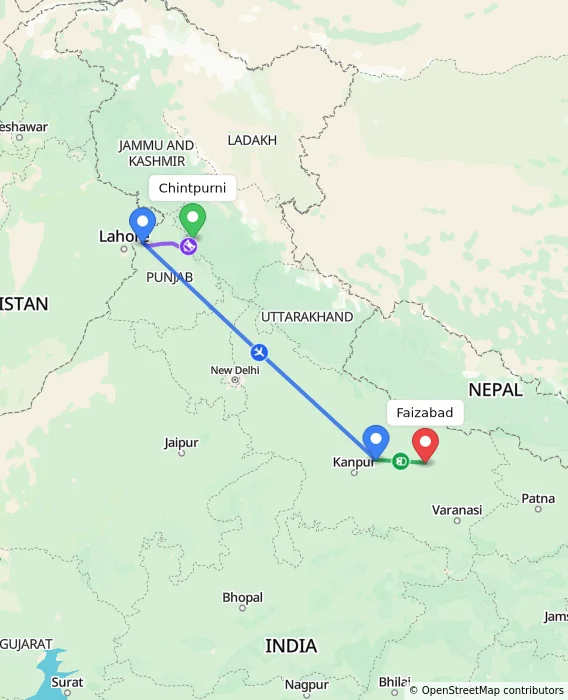 Route map showing distance and travel time from Chintpurni, India to Faizabad, India
