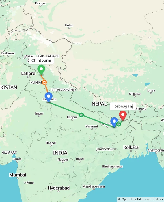 Route map showing distance and travel time from Chintpurni, India to Forbesganj, India