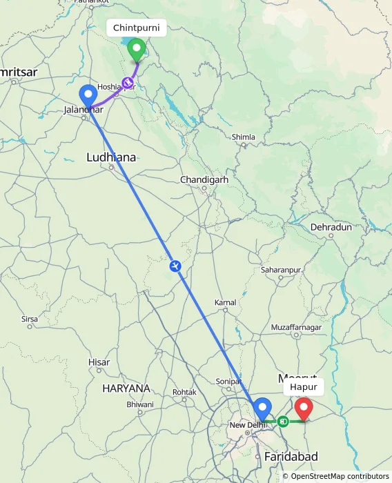 Route map showing distance and travel time from Chintpurni, India to Hapur, India