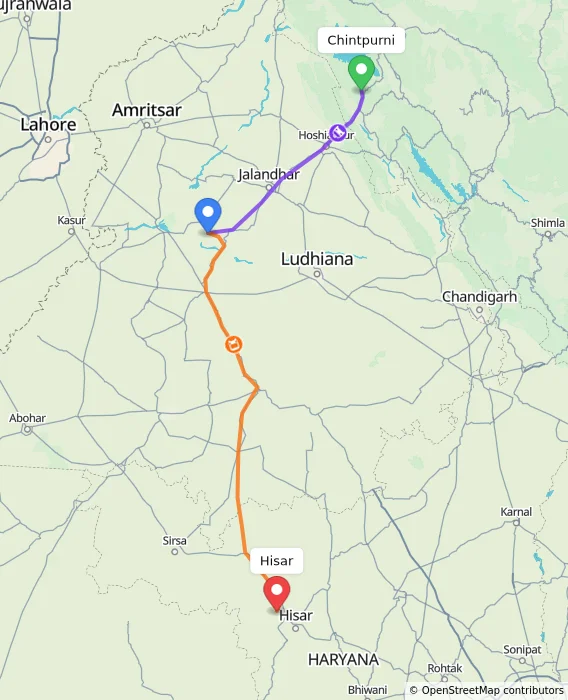 Route map showing distance and travel time from Chintpurni, India to Hisar, India