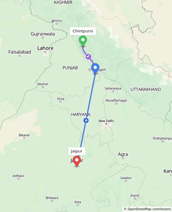 Route map showing distance and travel time from Chintpurni, India to Jaipur, India