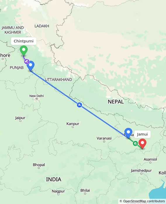 Route map showing distance and travel time from Chintpurni, India to Jamui, India