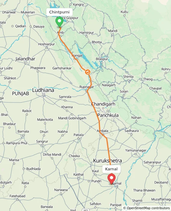 Route map showing distance and travel time from Chintpurni, India to Karnal, India