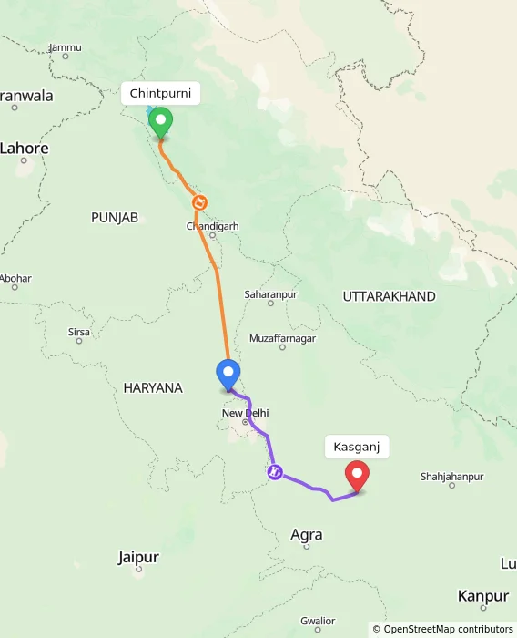 Route map showing distance and travel time from Chintpurni, India to Kasganj, India
