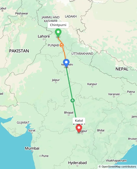 Route map showing distance and travel time from Chintpurni, India to Katol, India