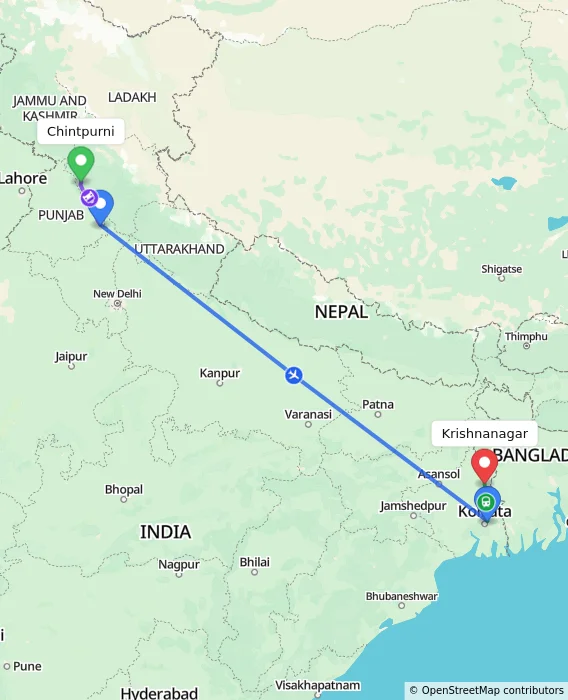 Route map showing distance and travel time from Chintpurni, India to Krishnanagar, India